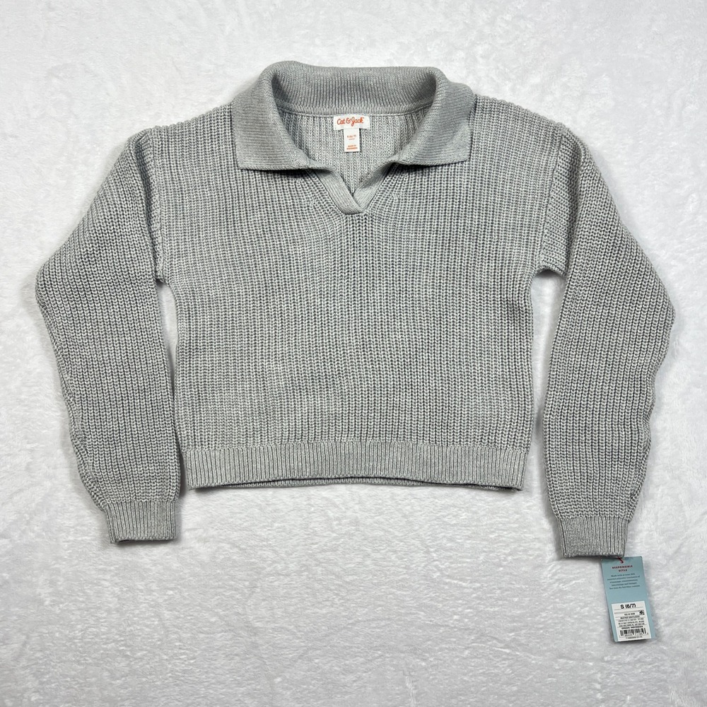 Cat & Jack Girls Collared Sweater S 6/7 Heather Gray Knit Polo Pullover School
